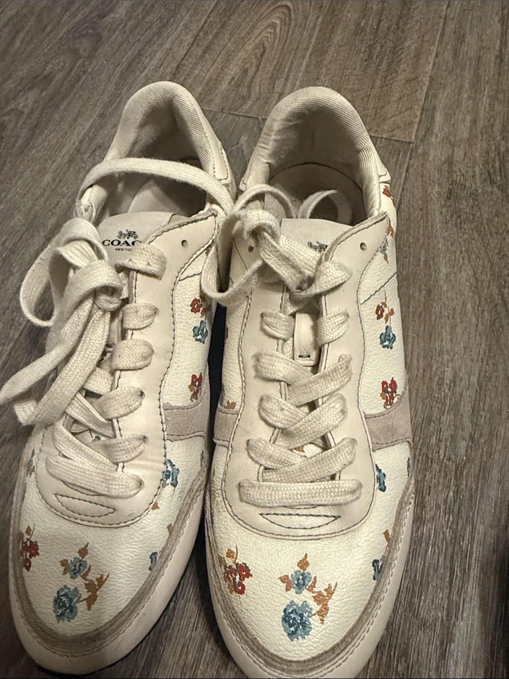 Coach Ivory Leather Sneakers with Blue and Rust Floral Accents